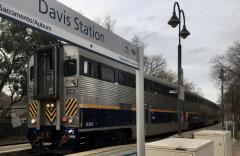 Capitol Corridor train at the Davis station, February 2021