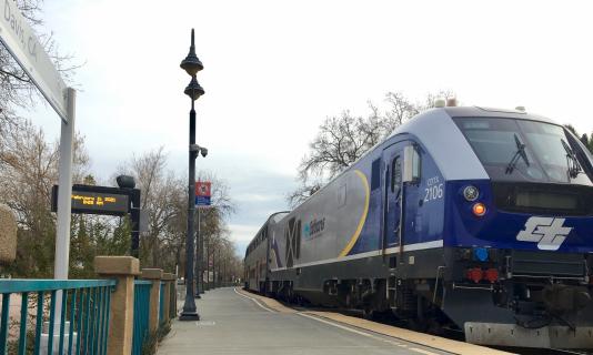 Eastbound Capitol Corridor train leaving Davis, February 2021