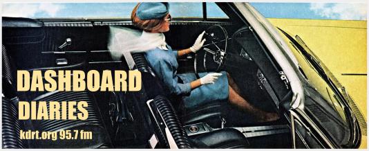 Overhead view of a flight attendant driving in a vintage convertible