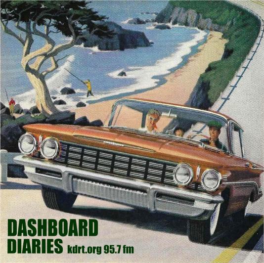 Vintage advertisement showing a couple driving in a convertible along the coast