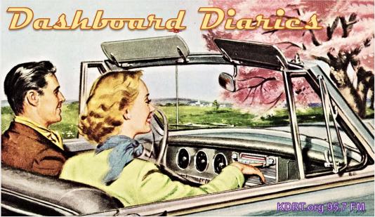 Vintage advertisement showing a couple driving in a convertible