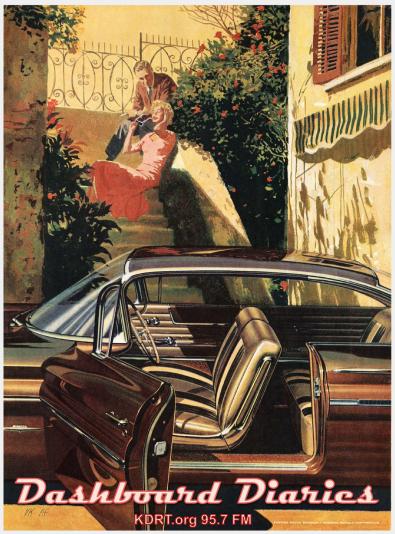 Vintage advertisement showing a couple sitting on a grand stair above their classic coupe