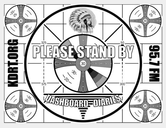 Old-fashion TV test pattern with KDRT and Dashboard Diaries lettering