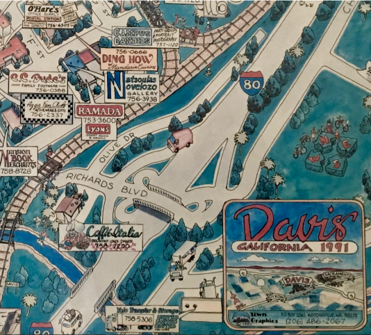 Detail from 1991 promotional map of downtown Davis by Town Graphics of Woodinville, WA