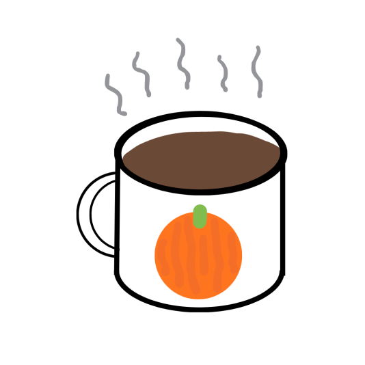 A drawing of a steaming cup of coffee with a fall pumpkin logo