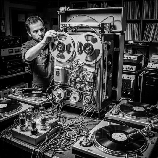 Black and white image of a recording studio with a reel-to-reel recorder, turntables and a tangle of cables