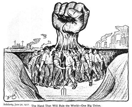 A mass of workers raise their hands into the air, which merge into one giant fist