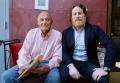 Bob Dunning (left) and Brian Bolz at launch of Bob's Wary 1 Substack, downtown Davis, May 15, 2024