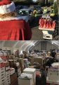Above, Santa Claus at the entrance; below, a large room full of food and gifts 