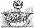 A mass of workers raise their hands into the air, which merge into one giant fist