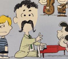 Vince Guaraldi as a Peanuts character, drawn by Charles Schulz, from the cover to The Charlie Brown Suite and Other Favorites (2003 CD)