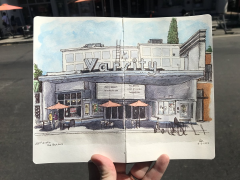 Sketch of Varsity Theatre in downtown Davis, by Pete Scully