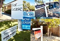 Collage of various real estate lease, rent, for sale signs in Davis August 2025